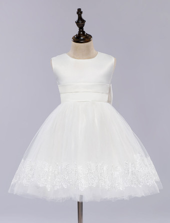 Vestito Damigella Bambina White Vestiti da Concorso di Bellezza Princess Sleeveless Knee Length Girl's Dinner Dress