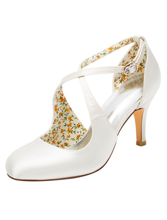 Zapatos de novia de seda sintética Zapatos de Fiesta de tacón de stiletto Zapatos marfil Zapatos de boda de puntera cuadrada 8cm cruzada