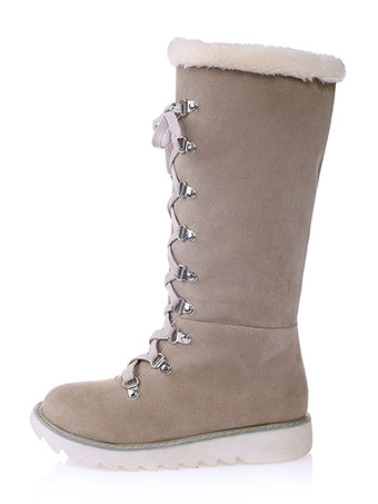 Women's Winter Boots Suede Ecru White Round Toe Lace Up Flat Boots