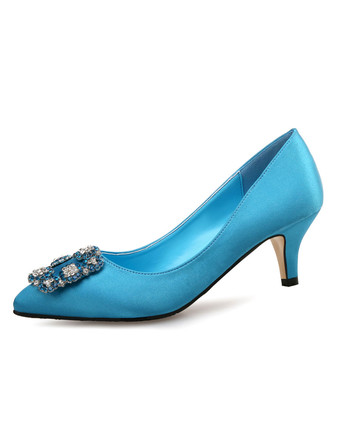 Zapatos de novia de satén 5.5cm Zapatos de Fiesta Zapatos azul de tacón de kitten Zapatos de boda de puntera puntiaguada con pedrería