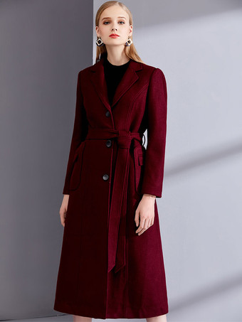 Wool Wrap Coats Burgundy Notch Collar Winter Outerwear For Women