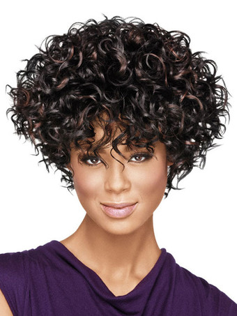 Women's Short Wigs African American Deep Brown Curly Tousled Synthetic Afro Hair Wigs With Bangs
