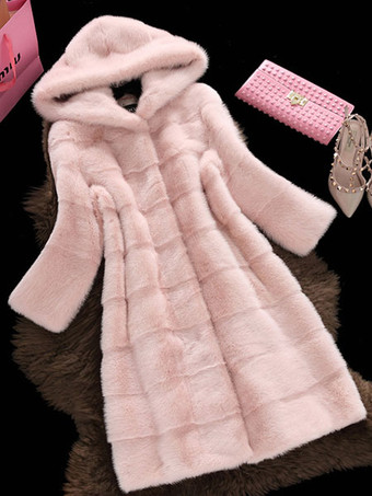 Kunstpelzmantel mit Kapuze langärmlig rosa Wintermantel für Damen