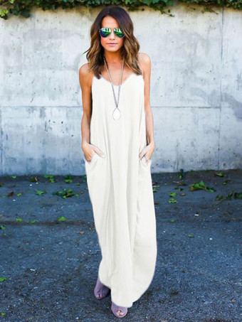 White Long Dress Maxi Dress Sleeveless Summer Long Warp Dress With Pockets