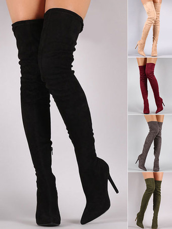 Black Thight High Boots Pointed Toe Suede Over Knee Boots Elastic Boots