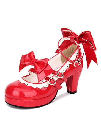 Sweet Lolita Shoes Red Bow Strappy Patent Rojo Lolita Bombas