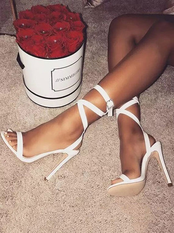 Women's White Strappy Heels Stiletto Heel Sandals