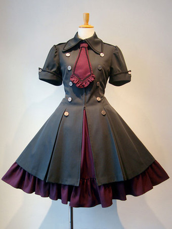 Gothic Lolita Dress OP Military Style Ruffle Bowtie Button Lace Up Burgundy Lolita One Piece Dress