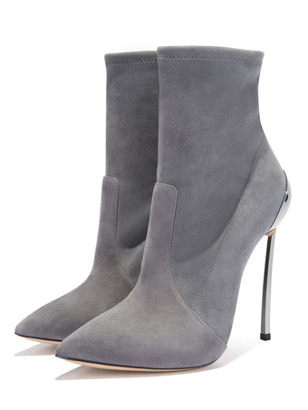 Grey High Heel Boots Women Dress Shoes Suede Pointed Toe Stiletto Heel Short Booties