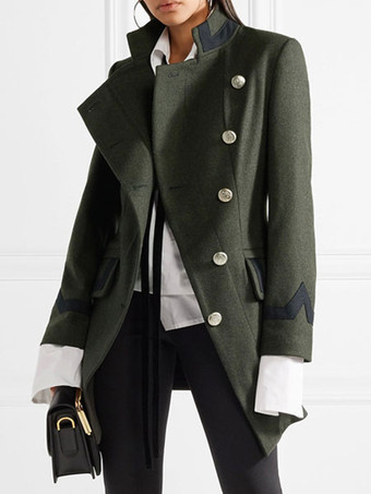 Military Wool Coat Women Asymmetrical Buttons Pockets Hunter Green Long Sleeve Winter Coat Cozy Active Outerwear