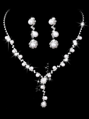 Conjunto de joyas de boda de perlas Collar de plata de novia y pedrería de diamantes de imitación