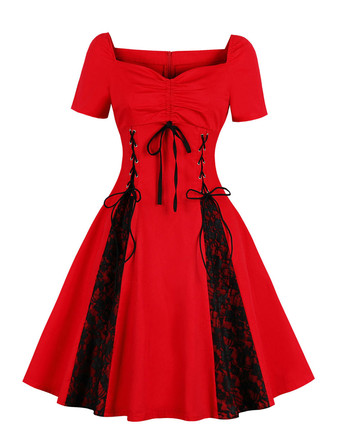 Red Vintage Dress Short Sleeve Lace Drawstring Lace Up Two Tone Swing Dress