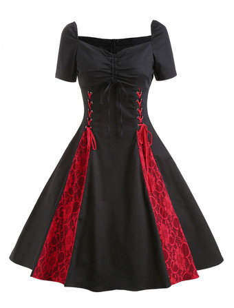 Black Vintage Dress 1950s Audrey Hepburn Style Short Sleeve Lace Up Two Tone Retro Dress