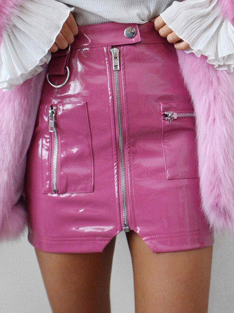 Sexy Mini Skirt Leather Like Zipper Short Bodycon Skirt With Pockets