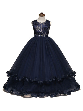 Dark Navy Flower Girl Dresses 2023 Buttons Sleeveless Jewel Neck Floor Length Kids Pageant Dresses