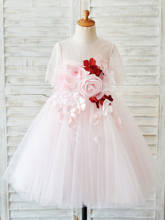 Flower Girl Dresses Satin Flower Short Sleeves Jewel Neck Soft Pink Kids Party Dresses