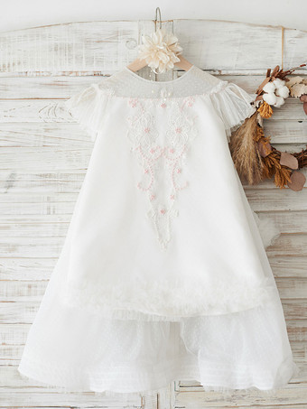 Vestidos de niña de las flores Perlas Manga corta Cuello joya Crudo Blanco Vestidos de fiesta para niños