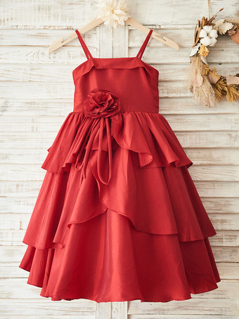 Blumenmädchen Kleider Rot Abendkleider für Hochzeit Taft ärmellos Prinzessin Hochzeit viereckiger Ausschnitt kleid blumenmädchen knöchellang