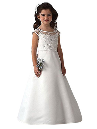 Blumenmädchen Kleider A-Linie- Weiß Abendkleider für Hochzeit bodenlang mit Rundkragen Hochzeit Satingewebe Kurzarm kleid blumenmädchen