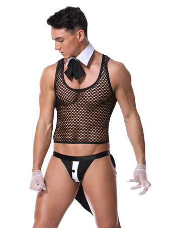 Men Sexy Costume Halloween Net Tuxedo Panty Cravat Top Night Club Wear