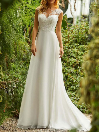 Simple Wedding Dresses 2023 Chiffon A Line V Neck Sleeveless Lace Beaded Bridal Gowns With Train