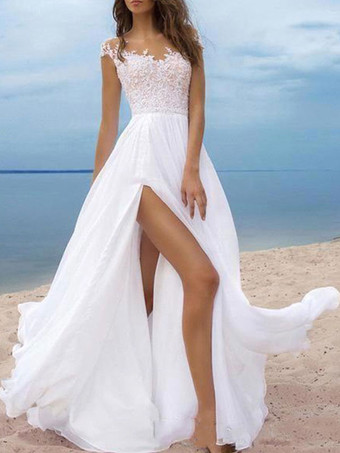 Boho Wedding Dresses 2023 Chiffon V Neck Short Sleeves A Line Split Front Bridal Dresses For Beach Wedding