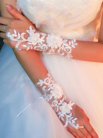 Wedding Gloves Tulle Finger Flower Embossed Bridal Gloves