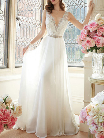 Simple Wedding Dress 2023 A Line V Neck Sleeveless Floor Length Lace Bridal Gowns