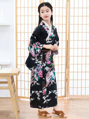 Carnevale Costumi giapponesi Kimono da bambino Abito in poliestere nero Costumi estivi per feste da donna orientali Halloween