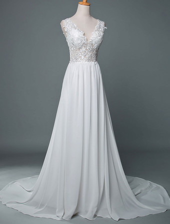 Wedding Dress V Neck Sleeveless Lace A Line Floor Length Chiffon Bridal Gowns With Train