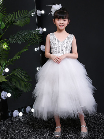 Flower Girl Dresses V Neck Tulle Sleeveless Ankle Length Princess Silhouette Sequins Kids Party Dresses