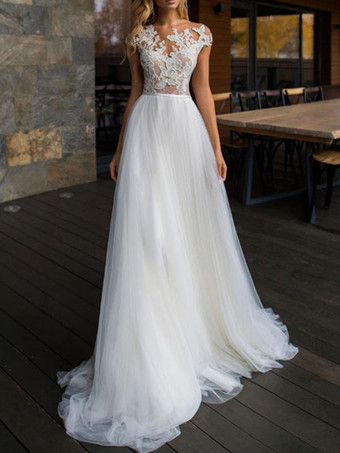 Wedding Dresses 2023 Illusion Neck Short Sleeve Floor Length Lace Soft Tulle Beach Bridal Gowns For Boho Wedding