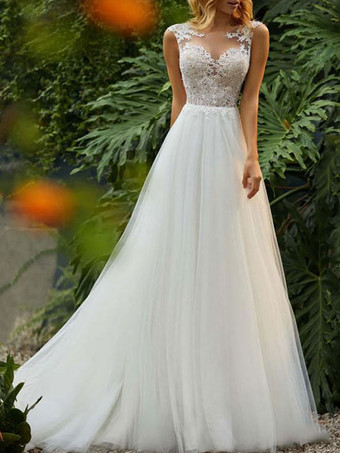Wedding Dresses 2023 A Line Illusion Neck Sleeveless Floor Length Lace Beaded Tulle Boho Bridal Gowns