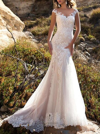 Brautkleid 2023 V-Ausschnitt Meerjungfrau ärmellose Spitze Verschönerung klassische Brautkleider mit Schleppe