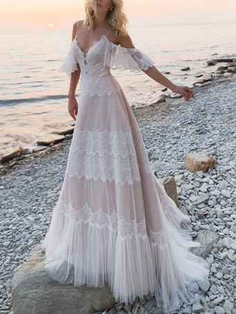 Boho Wedding Dresses 2023 A Line Deep V Neck Straps Lace Short Sleeve Bridal Gown For Beach Wedding With Sweep Train