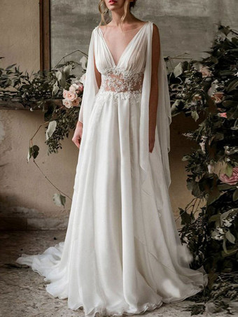 Grecian Ivory Wedding Dress Boho Plus Size Wedding Dresses 2023 Chiffon V-Neck High Waist Roman Drapery Sleeve Bridal Gown Free Customization