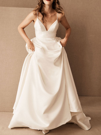Simple Causal Wedding Dress Satin V Neck Sleeveless Pockets A-Line Bridal Gowns Free Customization
