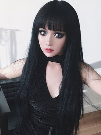 Pelucas góticas de Lolita Pelucas negras largas y despeinadas de Lolita con flequillo
