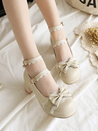 Sweet Lolita Footwear Bows Lace Leather Chunky Heel Lolita Pumps