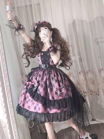 Pink Lolita JSK Dress Plaid Bows Ruffles Lolita Jumper Skirts Senza Collana