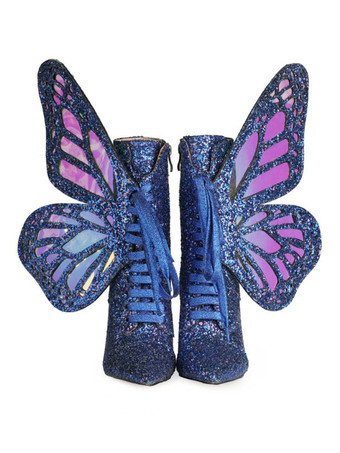 Botines femme bleue pailletes bout pointu talon haut à zip à lacet en forme de papillon ailes amovibles