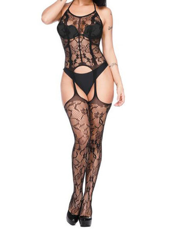 Hosiery For Women White Sheer Nylon Embroidered Hollow Out Bodystocking