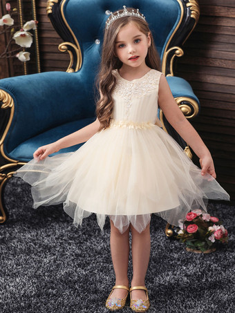 Flower Girl Dresses Jewel Neck Sleeveless Knee-Length Princess Silhouette Bows Kids Social Party Dresses