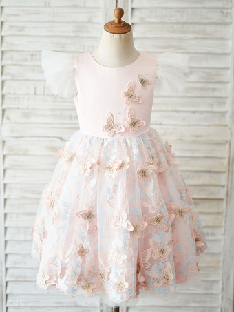Flower Girl Dresses Jewel Neck Lace Short Sleeves Knee-Length Princess Silhouette Bows Kids Pink Party Dresses