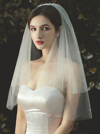 Wedding Veil Two-Tier Pearls Tulle Cut Edge Classic Bridal Veil