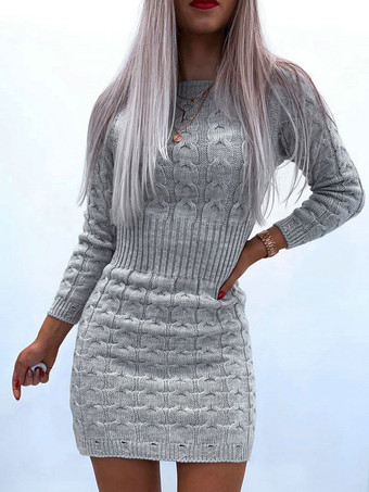 Women Grey Pullovers Cut Out Jewel Neck Long Sleeves Layered Acrylic Sweaters
