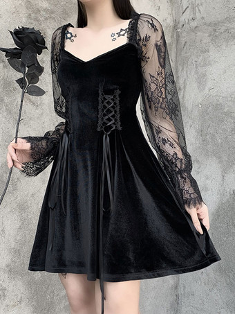 Robe gothique pour femmes Robe rétro à manches en dentelle de velours coréen gothique noir