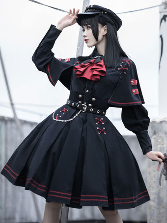 Abito Lolita gotico OP Stile militare Set da 4 pezzi Abiti Lolita accademici Set Lolita militare nero a maniche lunghe