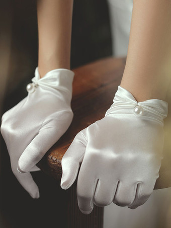 Women Wedding Gloves Satin Fabric Pearls White Bridal Gloves