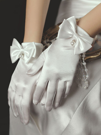 Frauen Hochzeitshandschuhe Weiß Satin Stoff Perlen Bögen Brauthandschuhe